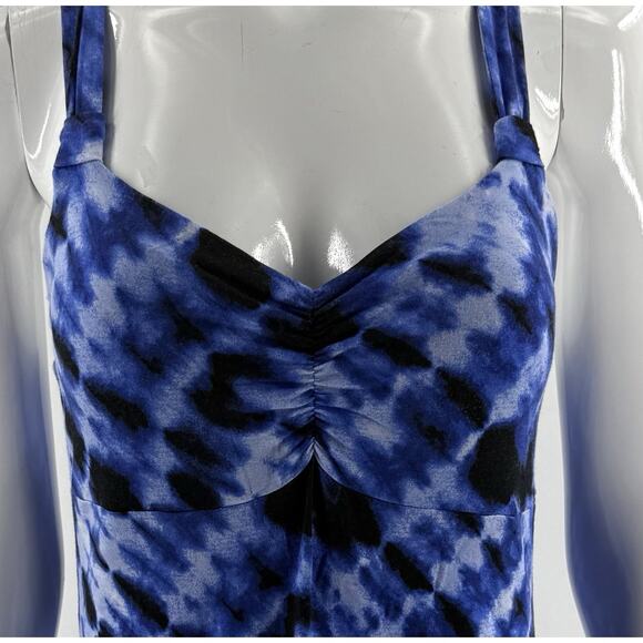 Dakini Geo Dress Sz Medium Blue Tie Dye Shelf Bra Fit Flare Stretch Knit Womens - Picture 2 of 8